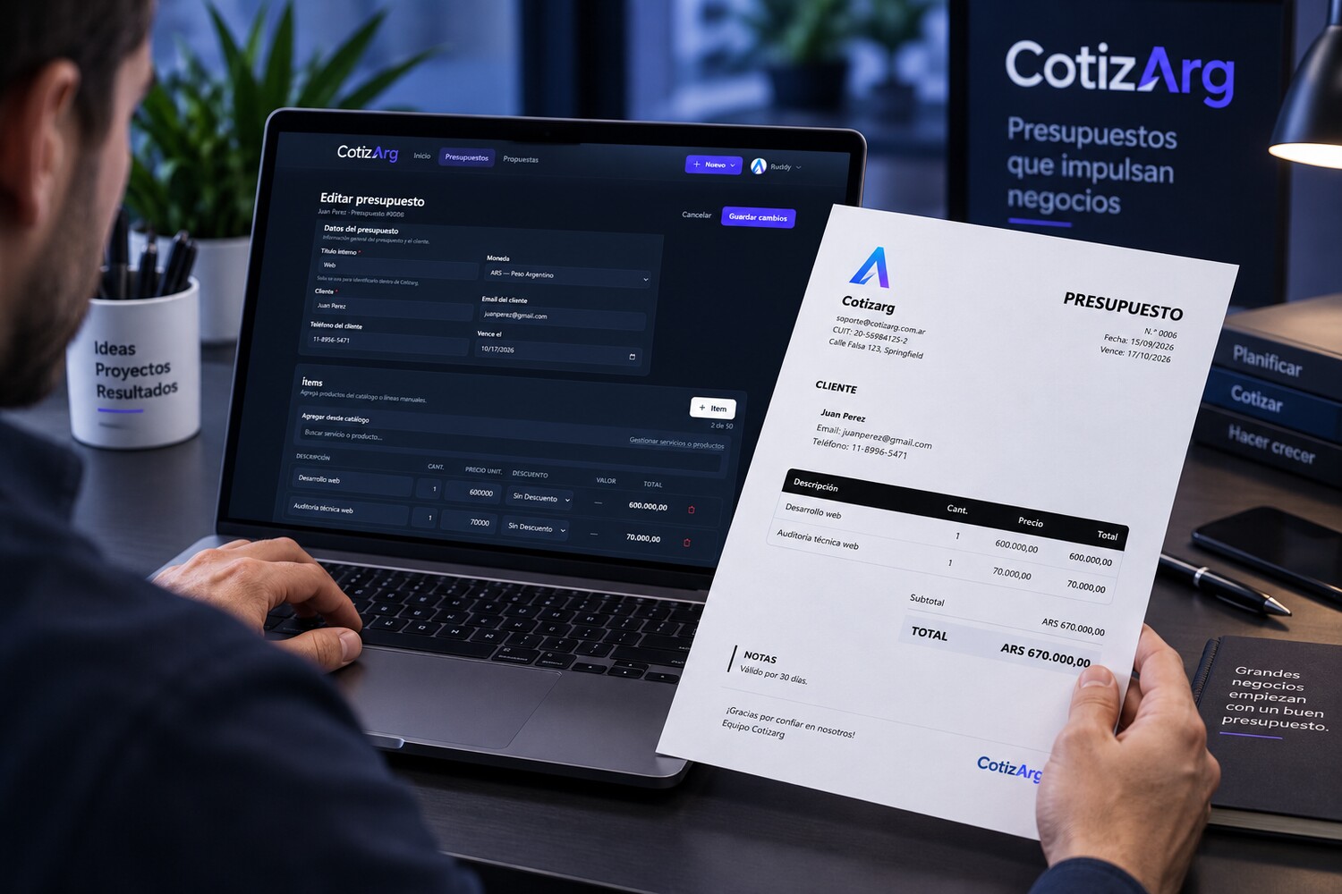 Ejemplo visual de un presupuesto profesional con datos, conceptos y precios